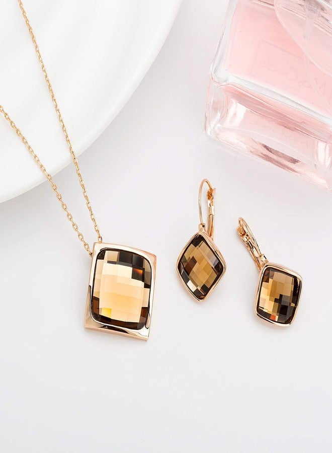 EVEVIC Square Austrian Crystal Necklace Earrings Set for Women 18K Gold Plated Jewelry Set (Brown) - Image 5