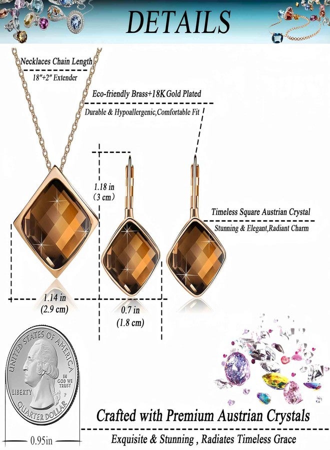 EVEVIC Square Austrian Crystal Necklace Earrings Set for Women 18K Gold Plated Jewelry Set (Brown) - Image 4
