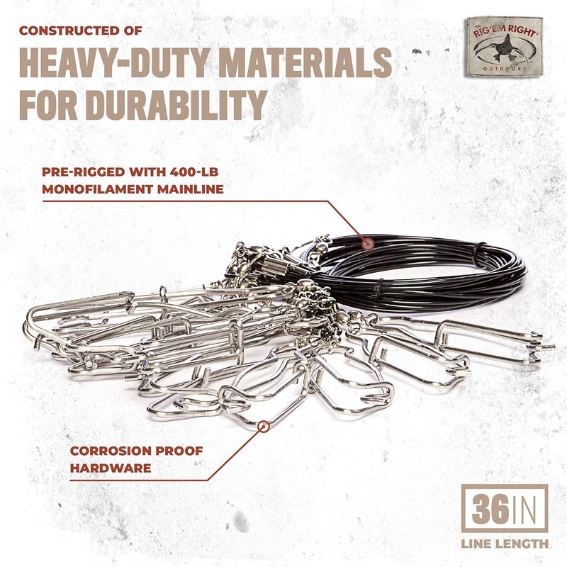 Rig Em Right Rig'Em Right Waterfowl Pre-Rigged Gang Rig Drops with 400-LB Monofilament and Large 6" Stainless Steel Clips for Speed and Durability (12 Gang Rig Drops) - Image 2