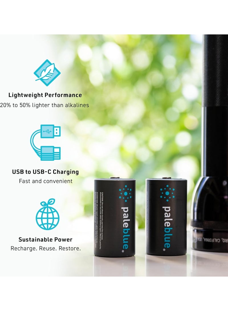paleblue D Rechargeable Li-Ion Batteries (2-Pack) with USB-A to USB-C Cable; 1.5V, 11000mWh/7400mAh, Fast Charging Under 7 Hours, 1000+ Cycles, LED Charge Indicator, High-Capacity Lithium Batteries, No External Charger Needed - Image 5