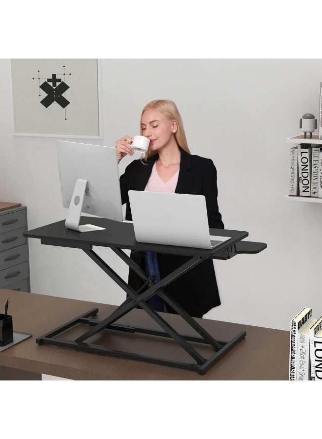 SKY-TOUCH مكتب قابل للتعديل في الارتفاع 32 بوصة، محول مكتب للجلوس والوقوف مع صينية لوحة المفاتيح، رافع مريح للجلوس والوقوف لمكتب المنزل، أسود - Image 2