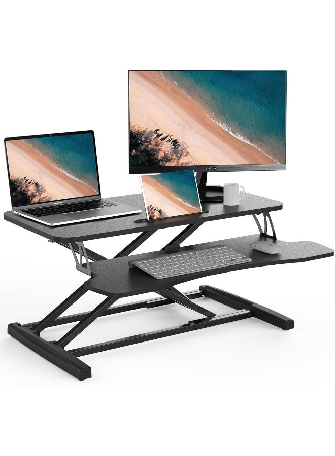 SKY-TOUCH مكتب قابل للتعديل في الارتفاع 32 بوصة، محول مكتب للجلوس والوقوف مع صينية لوحة المفاتيح، رافع مريح للجلوس والوقوف لمكتب المنزل، أسود - Image 1