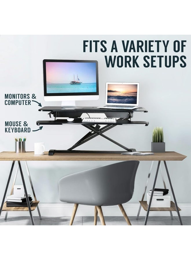 SKY-TOUCH مكتب قابل للتعديل في الارتفاع 32 بوصة، محول مكتب للجلوس والوقوف مع صينية لوحة المفاتيح، رافع مريح للجلوس والوقوف لمكتب المنزل، أسود - Image 4