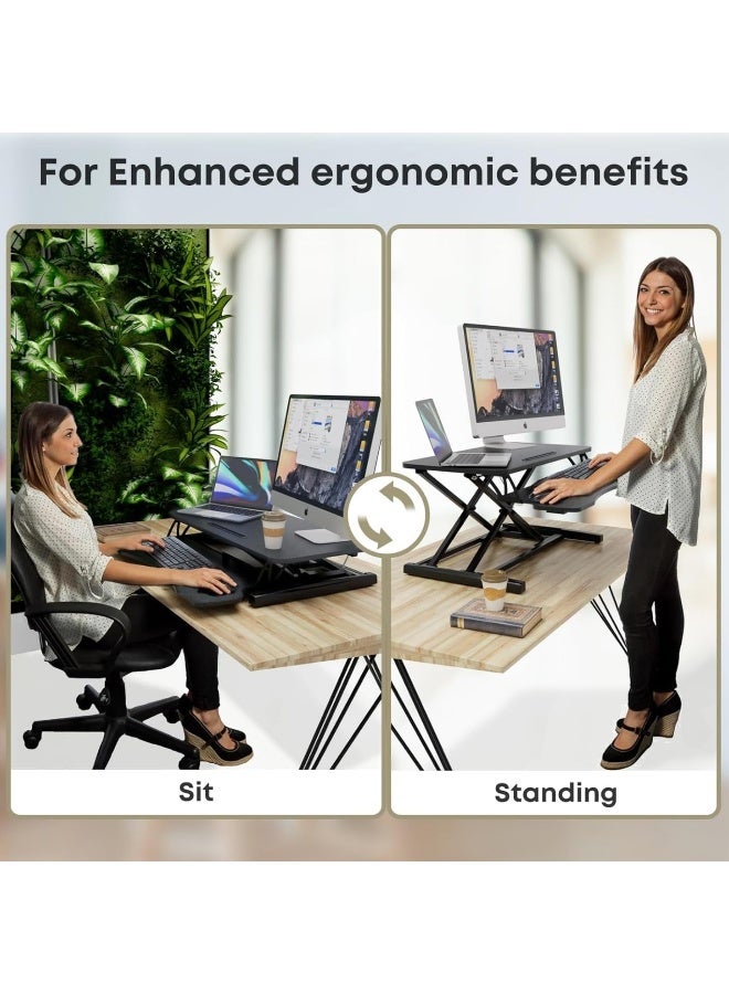 SKY-TOUCH مكتب قابل للتعديل في الارتفاع 32 بوصة، محول مكتب للجلوس والوقوف مع صينية لوحة المفاتيح، رافع مريح للجلوس والوقوف لمكتب المنزل، أسود - Image 3
