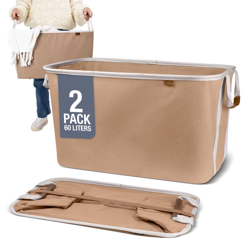 CleverMade Collapsible Laundry Basket LUXE 2 Pack â€“ 60L (16 Gal) Foldable Cotton Blend Clothes Hamper with Vegan Leather Accents, Reinforced Handles, Space Saving Laundry Bin Holds 55 lbs - Mocha - Image 1