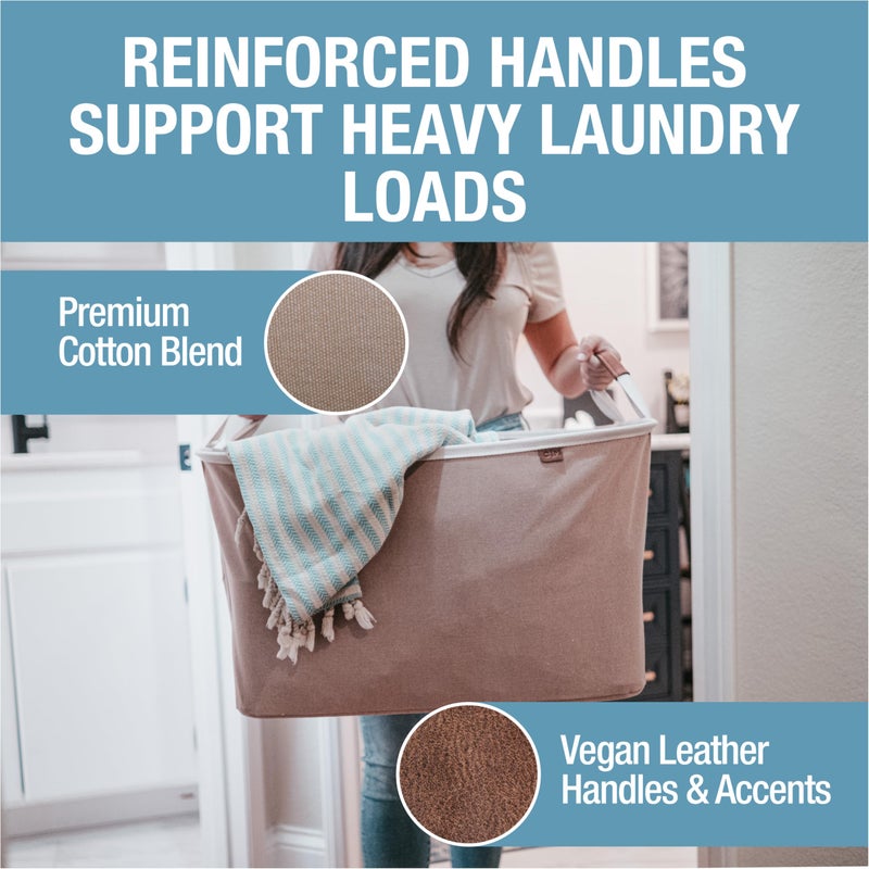 CleverMade Collapsible Laundry Basket LUXE 2 Pack â€“ 60L (16 Gal) Foldable Cotton Blend Clothes Hamper with Vegan Leather Accents, Reinforced Handles, Space Saving Laundry Bin Holds 55 lbs - Mocha - Image 4