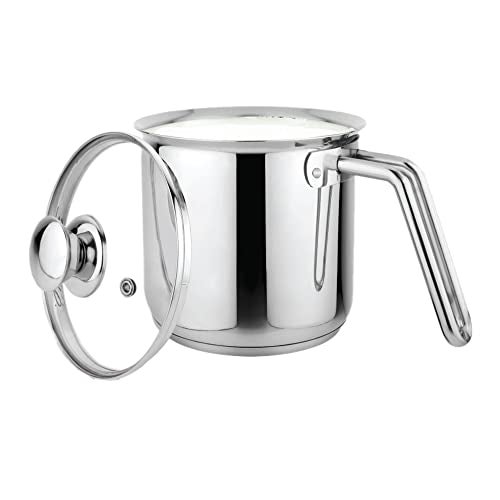 Prabha Stainless Steel Milk Pot with Handle 11cm 1.1 Litre | Milk Boiler Glass Lid Steam Vent | Kitchen Tea Container Water Boiling | Coffee/Milk Warmer, Even & Faster Heating | Induction & Gas Stove. - Image 1