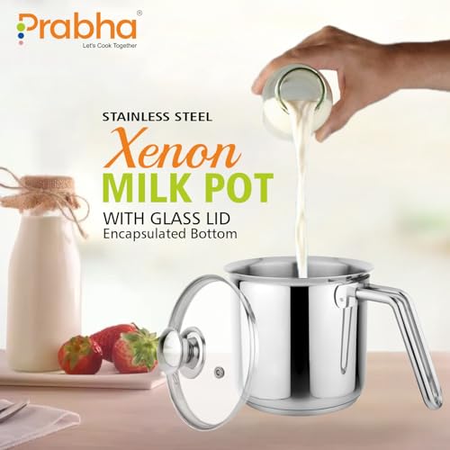 Prabha Stainless Steel Milk Pot with Handle 11cm 1.1 Litre | Milk Boiler Glass Lid Steam Vent | Kitchen Tea Container Water Boiling | Coffee/Milk Warmer, Even & Faster Heating | Induction & Gas Stove. - Image 3