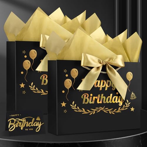 JMANNI Black Gold Happy Birthday Gift Bag with Card and Tissue Paper, 12.6"×9.84"×3.9" Elegant Present Bag for Men Women, Year Old Birthday Keepsake Party Supplies - Image 2