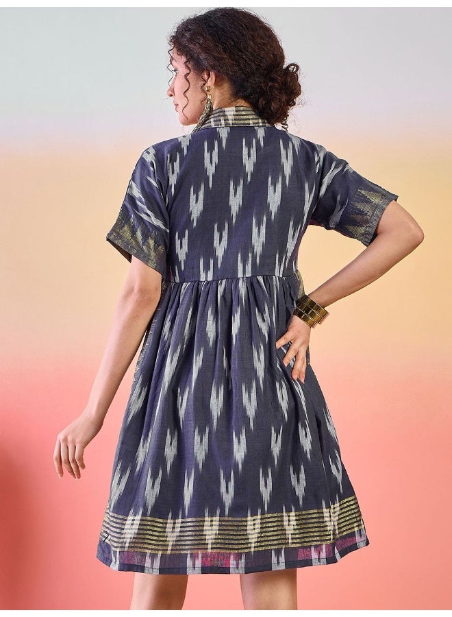 AKS Navy Blue Abstract Printed Shirt Collar Fit & Flare Dress  - Image 5