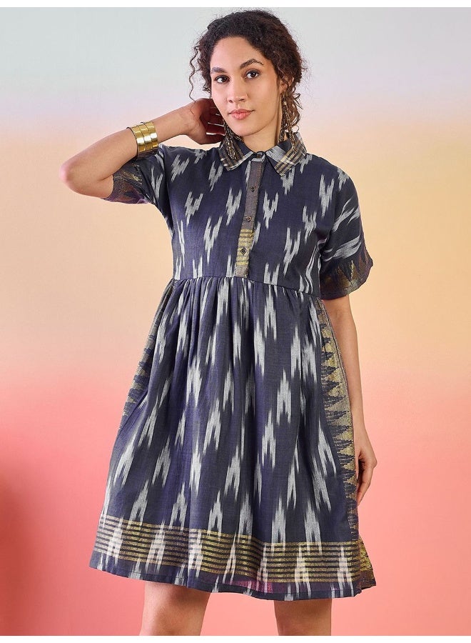 AKS Navy Blue Abstract Printed Shirt Collar Fit & Flare Dress  - Image 3
