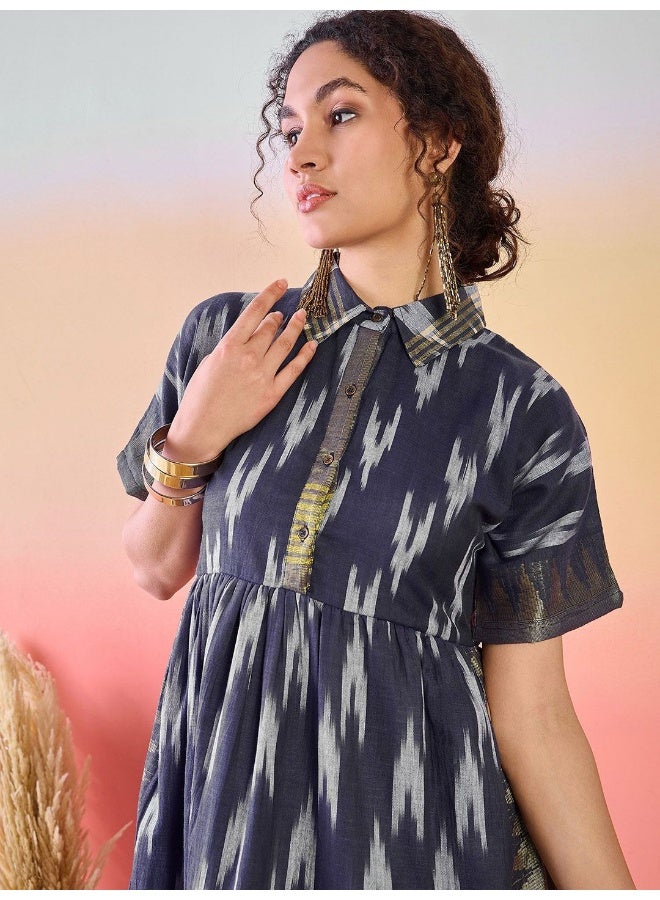 AKS Navy Blue Abstract Printed Shirt Collar Fit & Flare Dress  - Image 2
