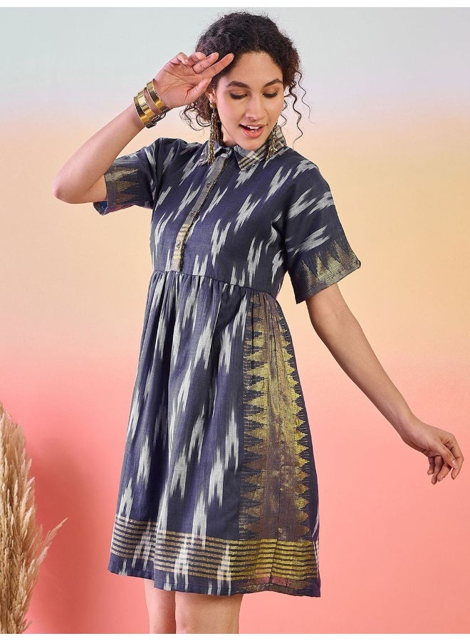 AKS Navy Blue Abstract Printed Shirt Collar Fit & Flare Dress  - Image 1