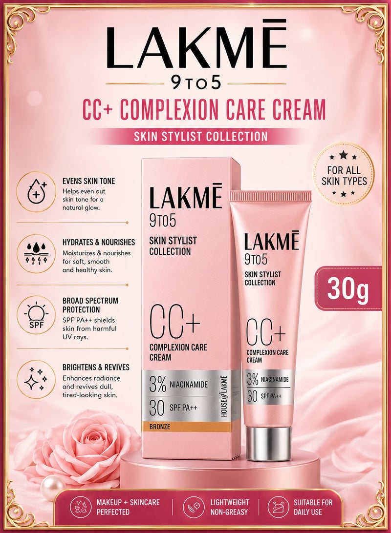 LAKME 9 To 5 Skin Stylist Collection CC Cream Complexion Care Cream SPF 30 PA++ Bronze 30g - Image 1