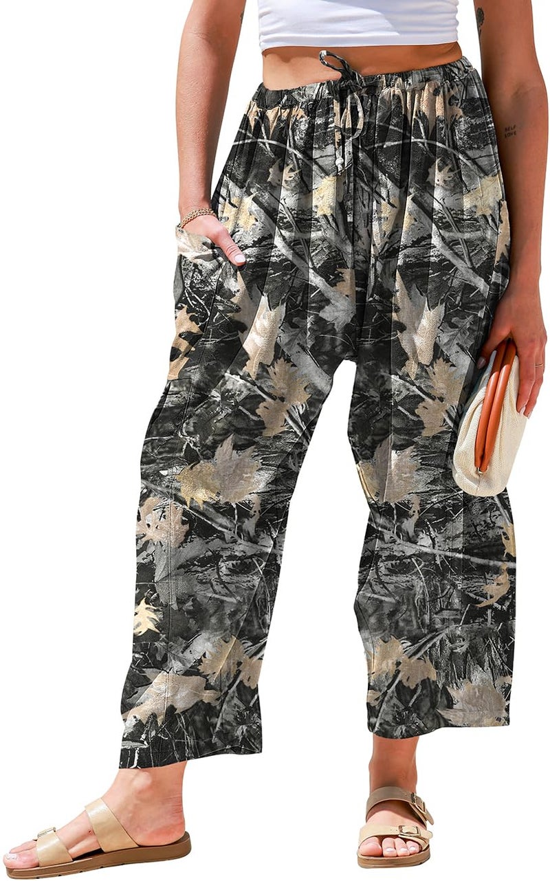 TARSE Womens Linen Wide Leg Pants Casual Loose Drawstring Low Waist Beach Palazzo Harem Pants with Pockets(MapleLea,L) - Image 1