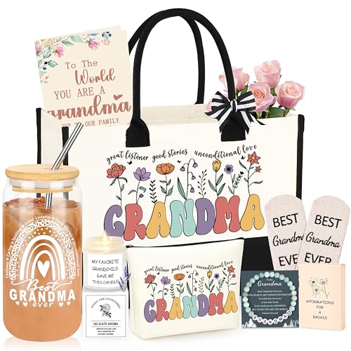 DOGMEM Grandma Gifts for Birthday Tote Bag Grandma Gift Set from Granddaughter Grandson Grandchildren Grandkids Christmas Gifts for Grandma Tote Bag Makeup Bag 16 Oz Can Glass Bead Bracelet - Image 1