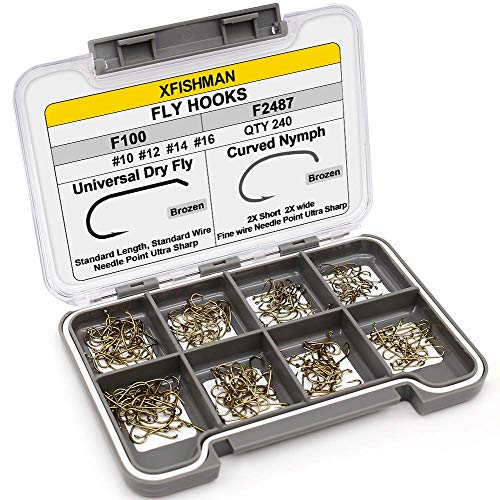 XFISHMAN Fly Hooks for Fly Tying Dry Wet Nymph Flies Curved Fishing Hooks 10# ~16# Assortment Pack of 240 Hooks with Box… - Image 1