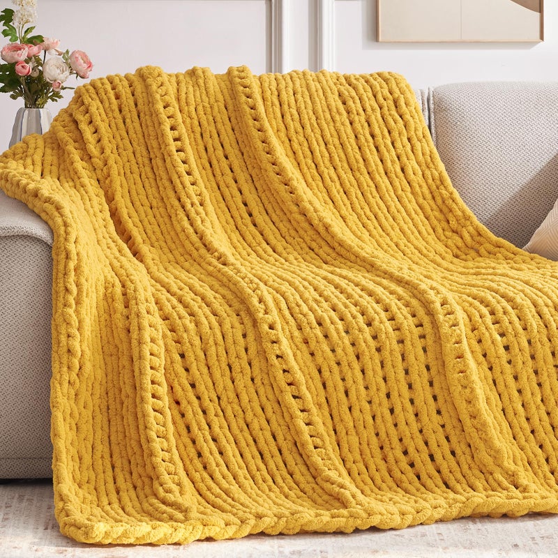 Negwoo Chunky Knit Throw Blanket  30''*40'' Knitted Throw Blankets for Bed Couch  Handmade Thick Yellow Crochet Blanket Thich Blanket for Kids  Machine Washable Cute Comfy Blanket for Home Decor - Image 1