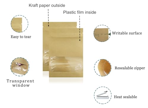 FERENLI 100 Pack 35x51 inch Small Resealable Seed Coin Envelopes Bags with Clear Window Brown Kraft Paper Heat Seal Packets for Flower Vegetable Seeds Storage Party Favor Pet Food Sample Bag - Image 3