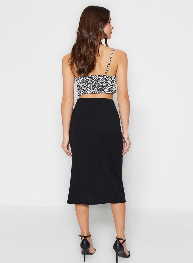 trendyol Black High Waist Drape and Slit Detail Crepe Fabric Midi Knitted Skirt - Image 5