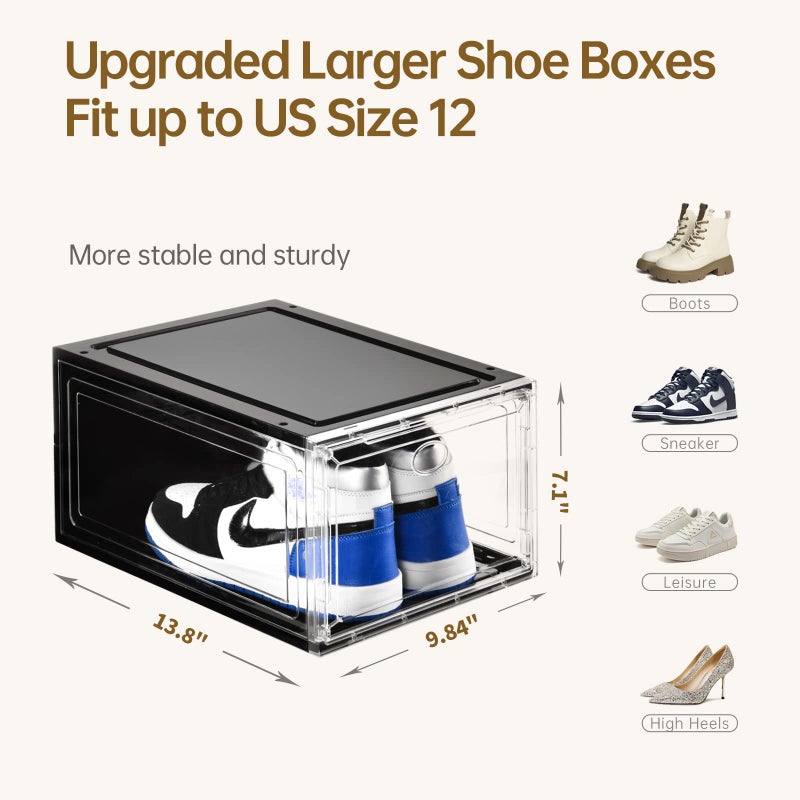 Amllas 10 Pack Shoe Boxes Stackable,Upgraded Sturdy Storage Boxes with Clear Magnetic Door,Multifunctional Sneaker Organizer Fit up to US Size 12 (13.8â€x 9.84â€x 7.1â€) - Image 2