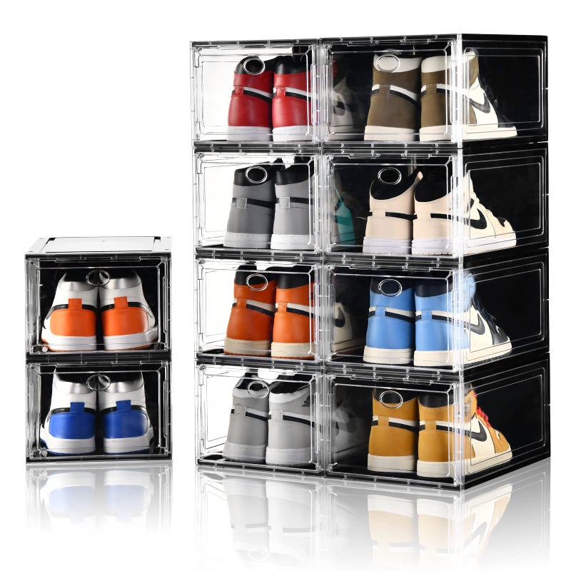 Amllas 10 Pack Shoe Boxes Stackable,Upgraded Sturdy Storage Boxes with Clear Magnetic Door,Multifunctional Sneaker Organizer Fit up to US Size 12 (13.8â€x 9.84â€x 7.1â€) - Image 1