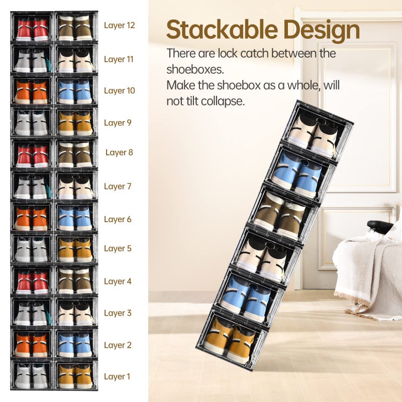 Amllas 10 Pack Shoe Boxes Stackable,Upgraded Sturdy Storage Boxes with Clear Magnetic Door,Multifunctional Sneaker Organizer Fit up to US Size 12 (13.8â€x 9.84â€x 7.1â€) - Image 5