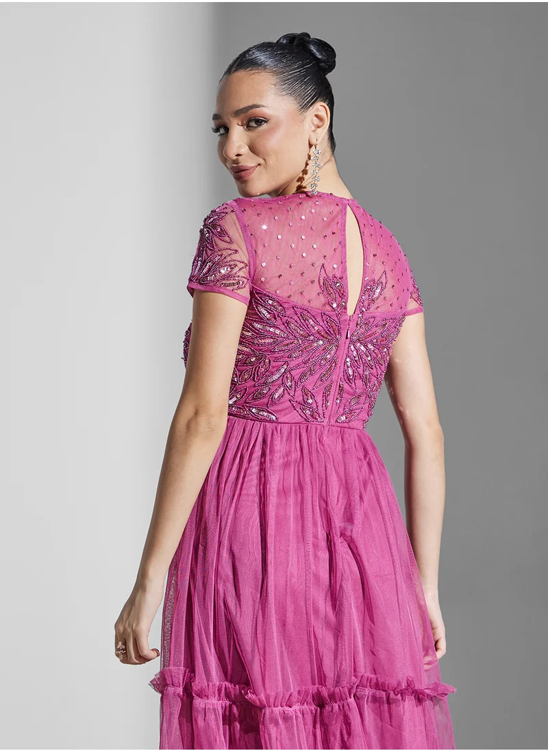 Maya Embellished Mesh Detail Ruffle Hem Dress