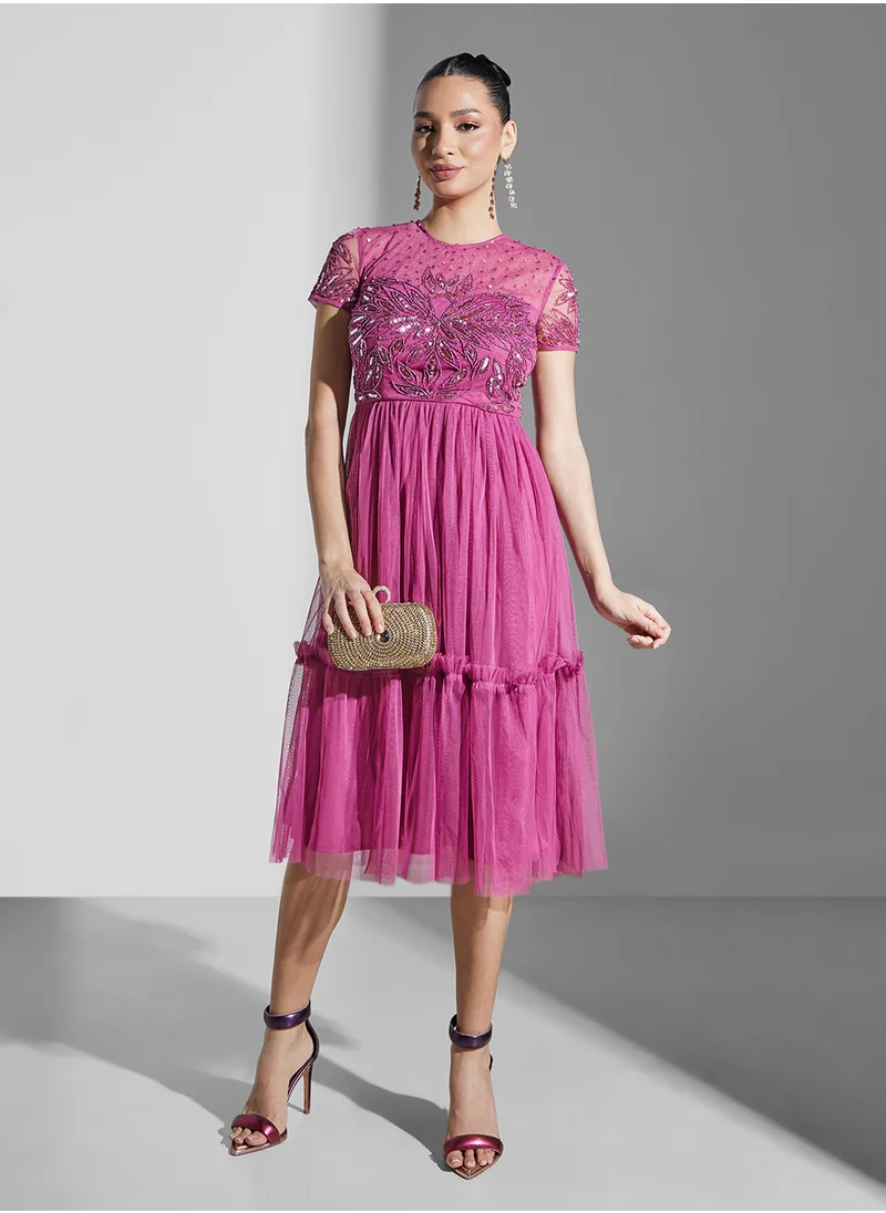 Maya Embellished Mesh Detail Ruffle Hem Dress