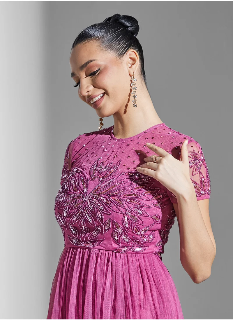 Maya Embellished Mesh Detail Ruffle Hem Dress