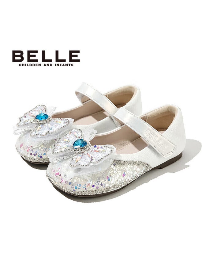 Belle Children's Shoes , Girls' Leather Shoes, Kids' Princess Shoes, Baby Crystal Shoes, Spring And Autumn Flats, Silver, Size 26 - Image 1