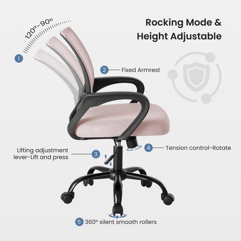 DUMOS Home Office Chair - Ergonomic Mid Back Mesh Desk Chair with Lumbar Support & Rocking Mode, Height Adjustable with Fixed Armrest, for Computer, Gaming, Meeting, 360Â° Swivel, Pink - Image 4