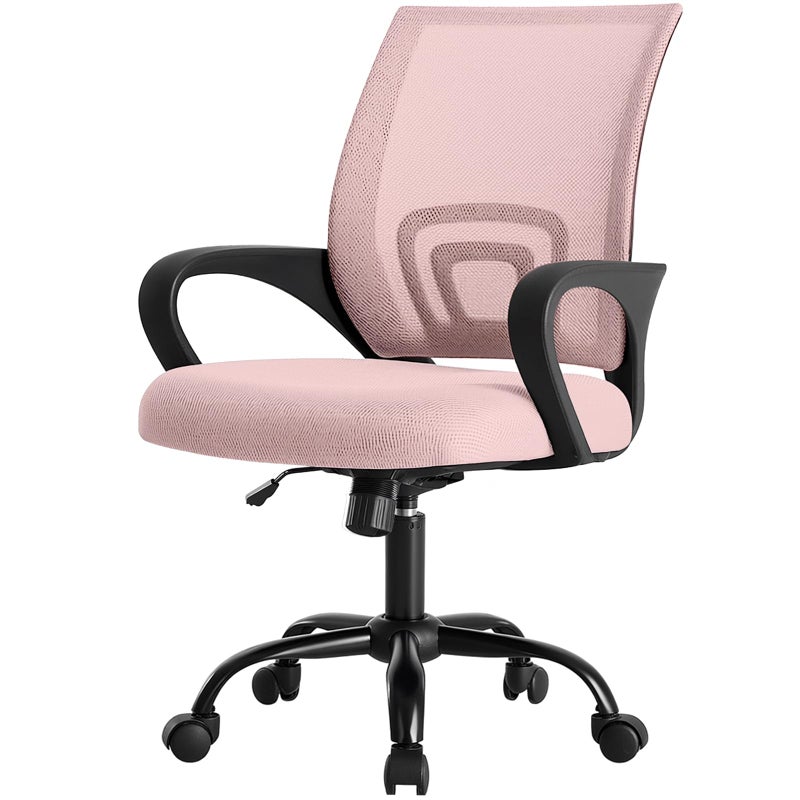 DUMOS Home Office Chair - Ergonomic Mid Back Mesh Desk Chair with Lumbar Support & Rocking Mode, Height Adjustable with Fixed Armrest, for Computer, Gaming, Meeting, 360Â° Swivel, Pink - Image 1