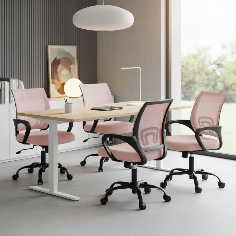 DUMOS Home Office Chair - Ergonomic Mid Back Mesh Desk Chair with Lumbar Support & Rocking Mode, Height Adjustable with Fixed Armrest, for Computer, Gaming, Meeting, 360Â° Swivel, Pink - Image 5