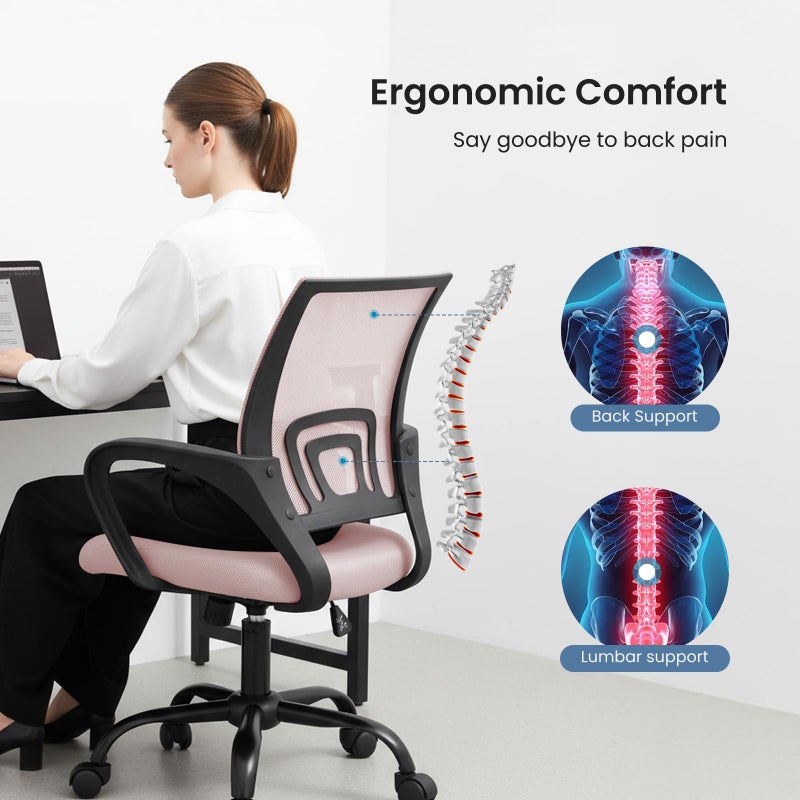 DUMOS Home Office Chair - Ergonomic Mid Back Mesh Desk Chair with Lumbar Support & Rocking Mode, Height Adjustable with Fixed Armrest, for Computer, Gaming, Meeting, 360Â° Swivel, Pink - Image 2