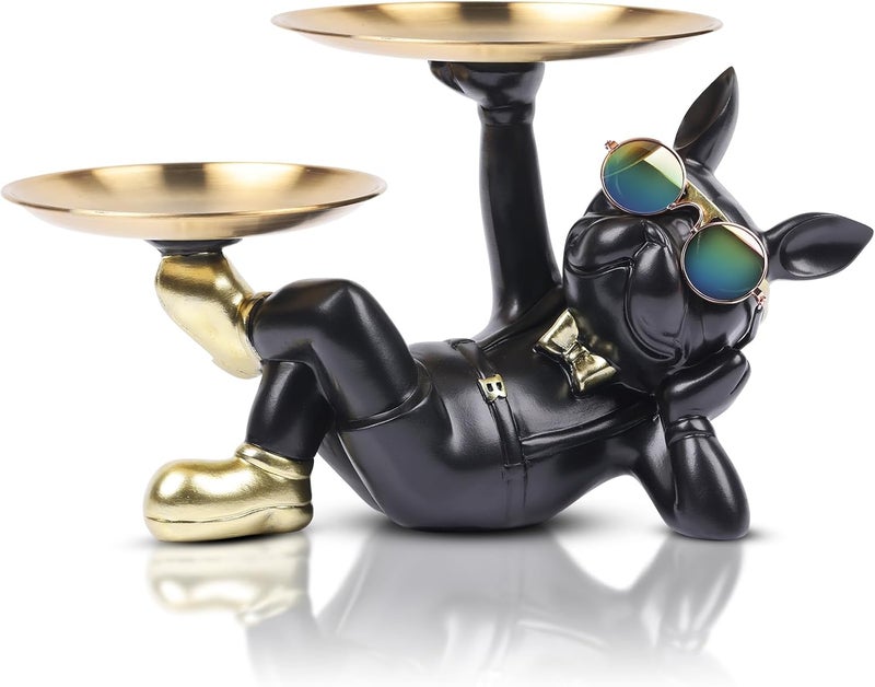 Suruim Resin Bulldog Statue with Two Storage Trays - Black - Image 1