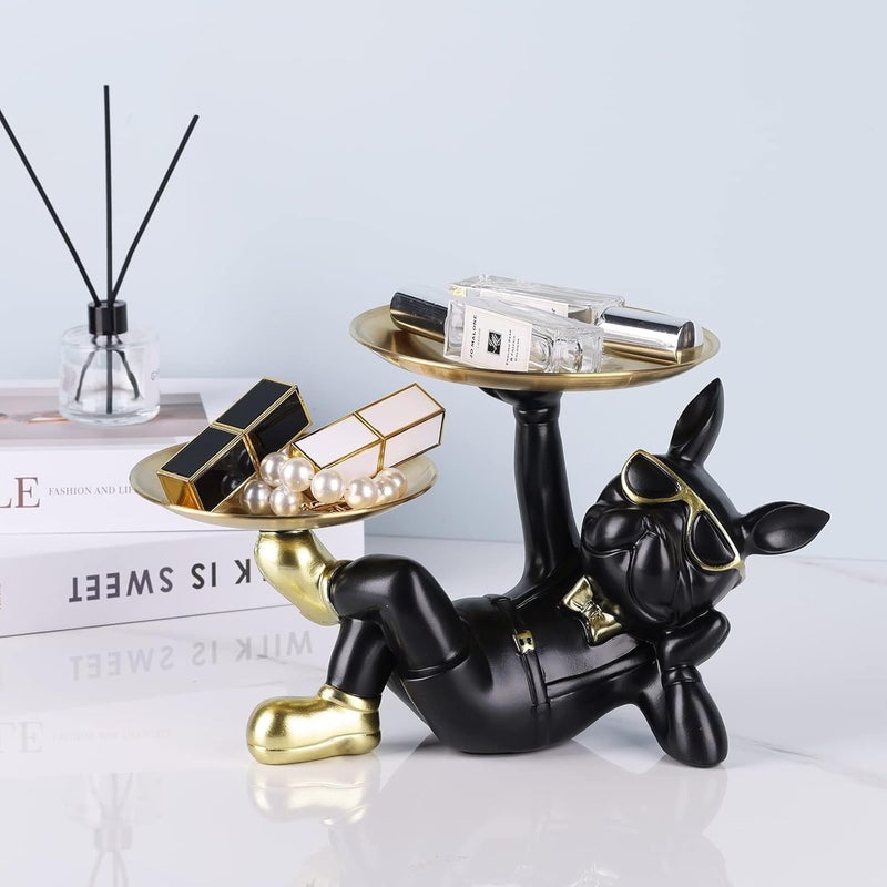 Suruim Resin Bulldog Statue with Two Storage Trays - Black - Image 4