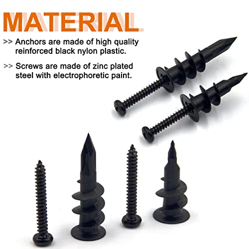 ISPINNER 20pcs #6#8 Black Self Drilling Plastic Drywall Anchors with Screws, Self Tapping Sheetrock Anchors Hanging and Mounting 50-75lbs (10 Pack) - Image 3