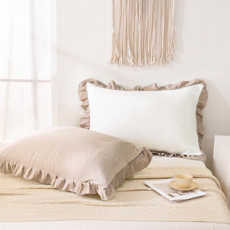 Merryword Taupe Pillow Shams White and Taupe Reversible Standard Pillowcases Cute Pillow Cover Set of 2 Soft Shabby Chic Ruffled Pillowcases 2 Pack (Queen (20''x30'')  White Taupe) - Image 1