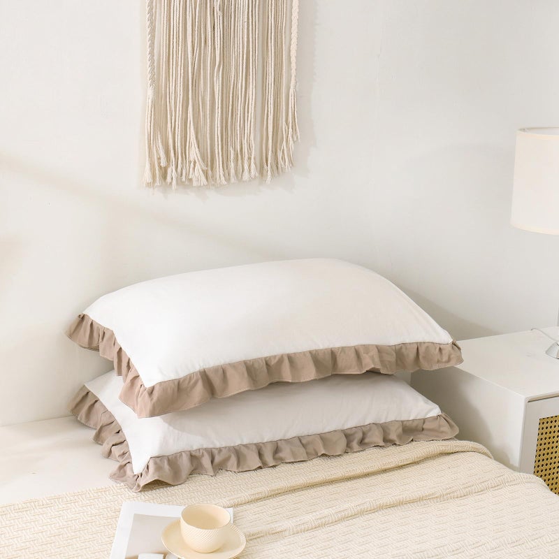 Merryword Taupe Pillow Shams White and Taupe Reversible Standard Pillowcases Cute Pillow Cover Set of 2 Soft Shabby Chic Ruffled Pillowcases 2 Pack (Queen (20''x30'')  White Taupe) - Image 3