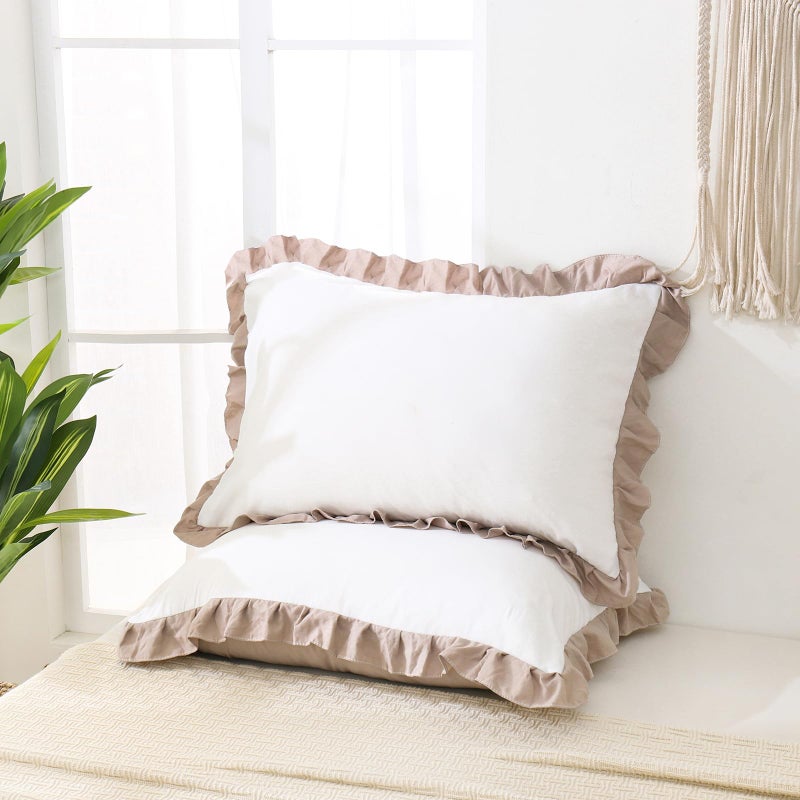 Merryword Taupe Pillow Shams White and Taupe Reversible Standard Pillowcases Cute Pillow Cover Set of 2 Soft Shabby Chic Ruffled Pillowcases 2 Pack (Queen (20''x30'')  White Taupe) - Image 5