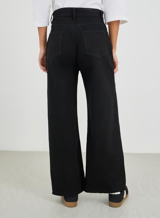 Styli Women Black Raw Edge Detail Wide Leg Jeans - Image 4