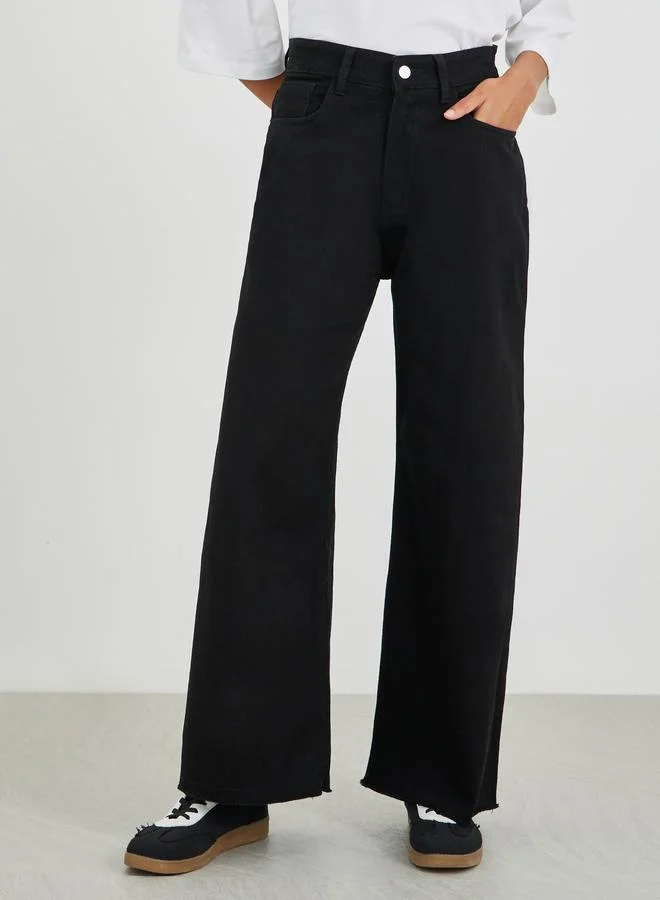 ستايلي Styli Women Black Raw Edge Detail Wide Leg Jeans
