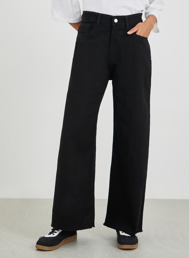 Styli Women Black Raw Edge Detail Wide Leg Jeans - Image 2