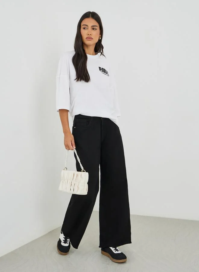 ستايلي Styli Women Black Raw Edge Detail Wide Leg Jeans