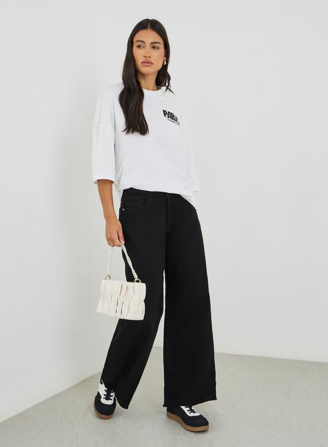 Styli Women Black Raw Edge Detail Wide Leg Jeans - Image 1