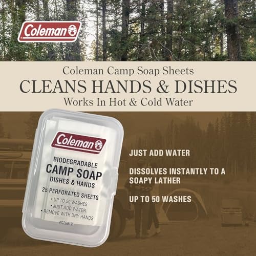 Coleman Camp Soap Sheets – 25 Travel Soap Sheets for Camping, Hiking & Backpacking – Perforated for 50 Washes, Dissolves Instantly in Hot or Cold Water, TSA-Approved for Travel - Image 2