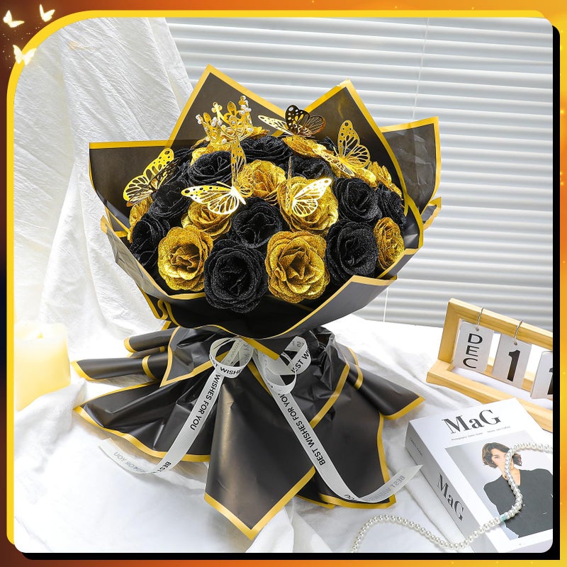 Ovveroche 36 PCS Glitter Roses Bouquet Kit, Black, Gold Sparkling Flower Arrangement with Stems, Butterflies, Crown, Wrapping Paper, Card, Ribbon for Wedding, Graduate, Birthday, DIY Crafts - Image 2