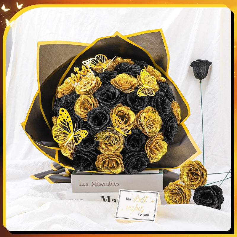 Ovveroche 36 PCS Glitter Roses Bouquet Kit, Black, Gold Sparkling Flower Arrangement with Stems, Butterflies, Crown, Wrapping Paper, Card, Ribbon for Wedding, Graduate, Birthday, DIY Crafts - Image 3