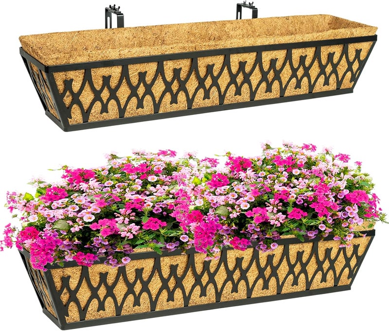 Karlliu 2 Pack 30 Inch Window Boxes Planters Railing Planter Box with Adjustable Brackets for Porch Fence Patio Balcony Hanging Flower Baskets with Coco Liners for Outdoor Garden Decor - Black - Image 1